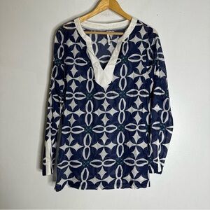 Michael Stars Navy/White Large‎ Voile Tile Flower Print V-Neck Pullover Tunic CP
